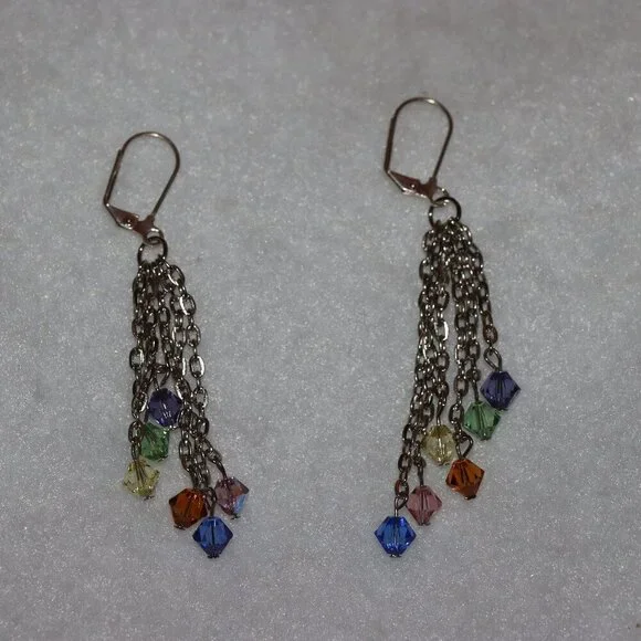 Dangle drop chain link earrings, rainbow colorful fun beads on chain ends, 2 - Picture 3 of 4